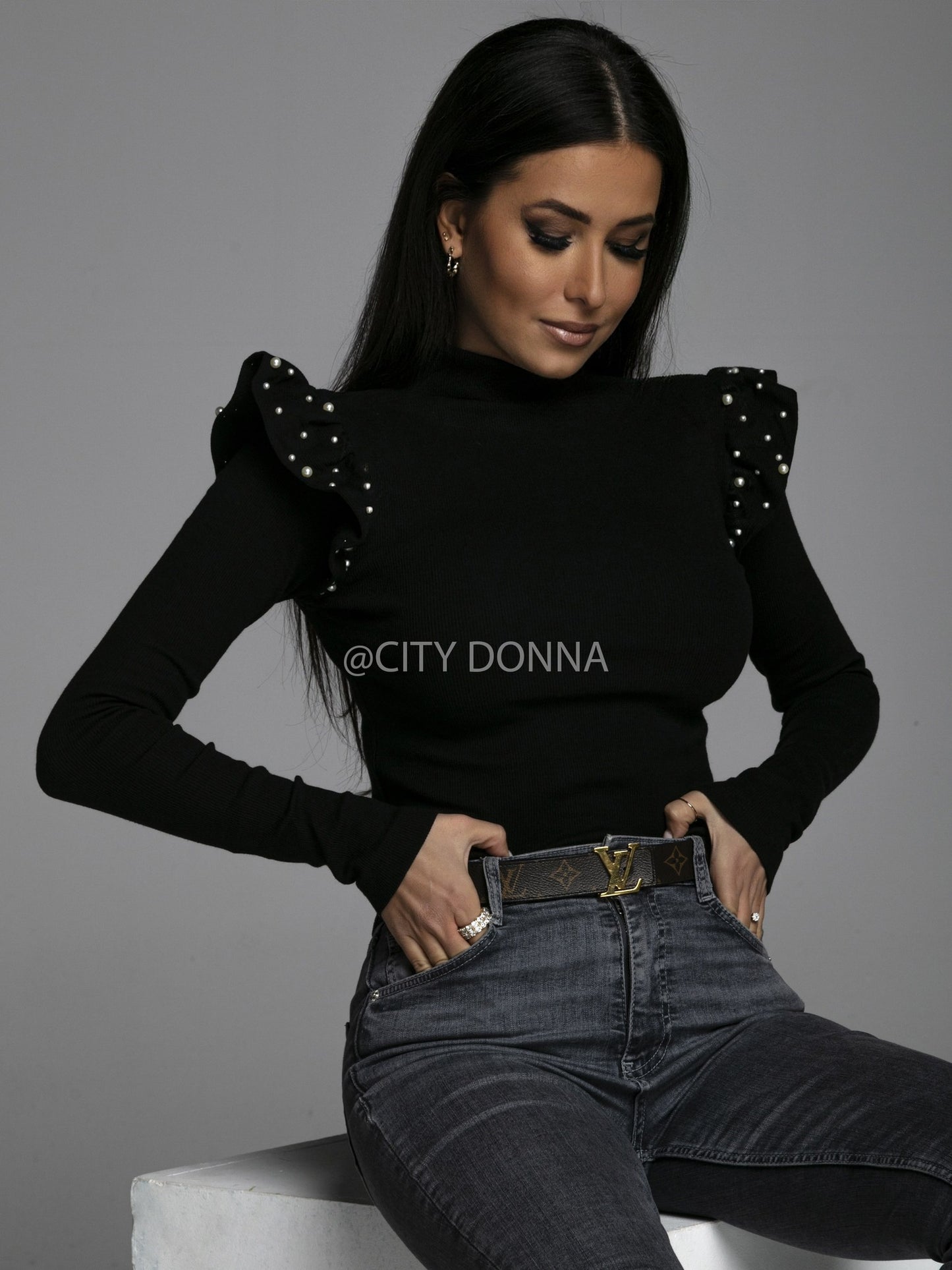 Black Ribbed Knit Blouse