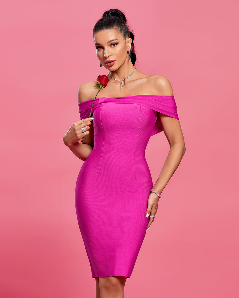 Hot Pink Bandagne Bardot Bow Detail Midi Dress