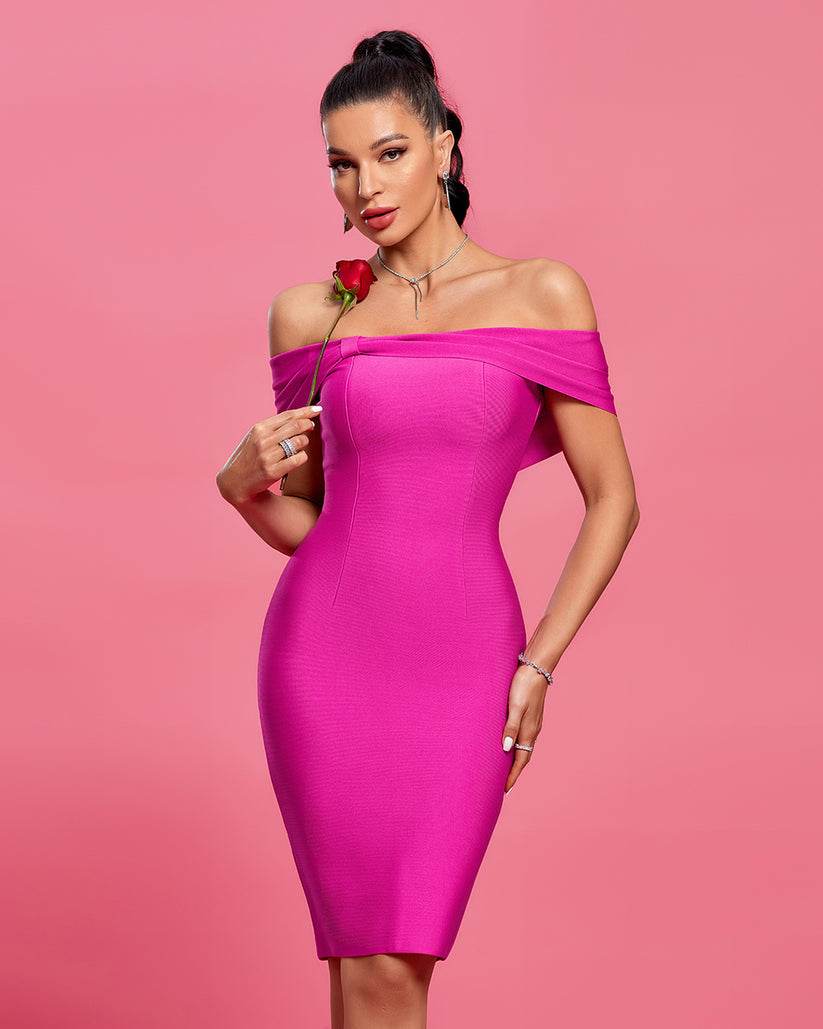 Hot Pink Bandagne Bardot Bow Detail Midi Dress - Biamonde