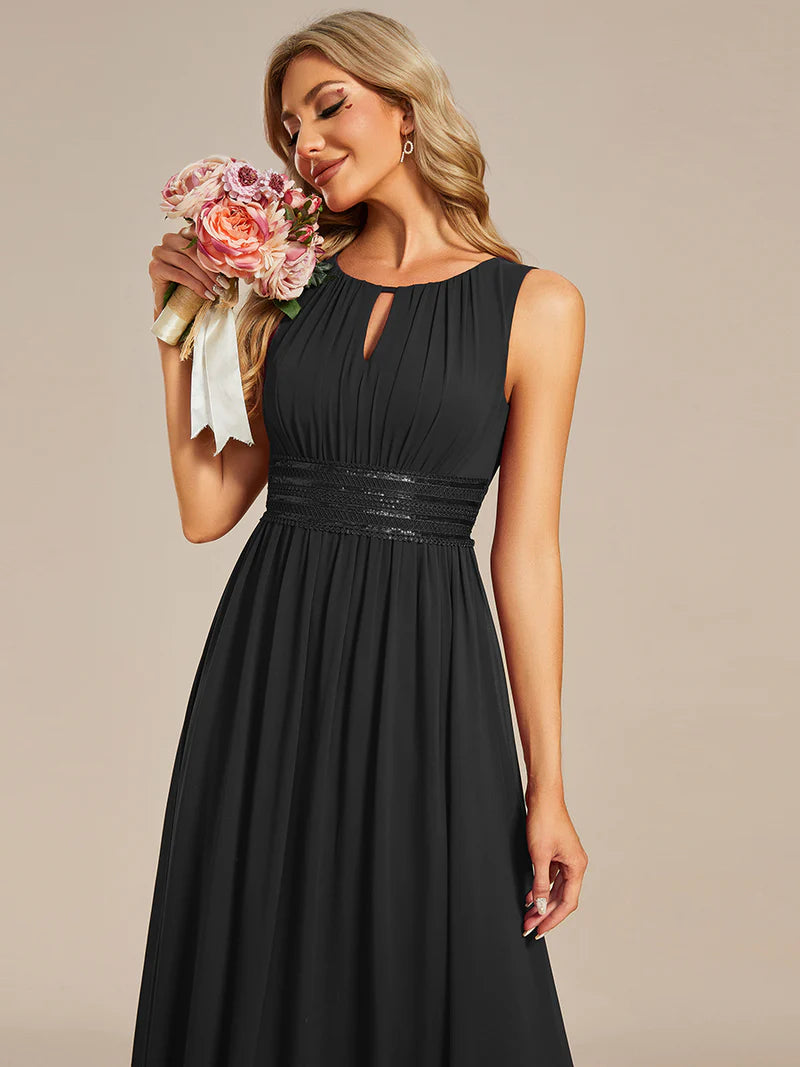 Chiffon Bridesmaid Dress – Maxi Length with Hollow Round Neck Design