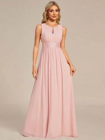 Chiffon Bridesmaid Dress – Maxi Length with Hollow Round Neck Design - Biamonde
