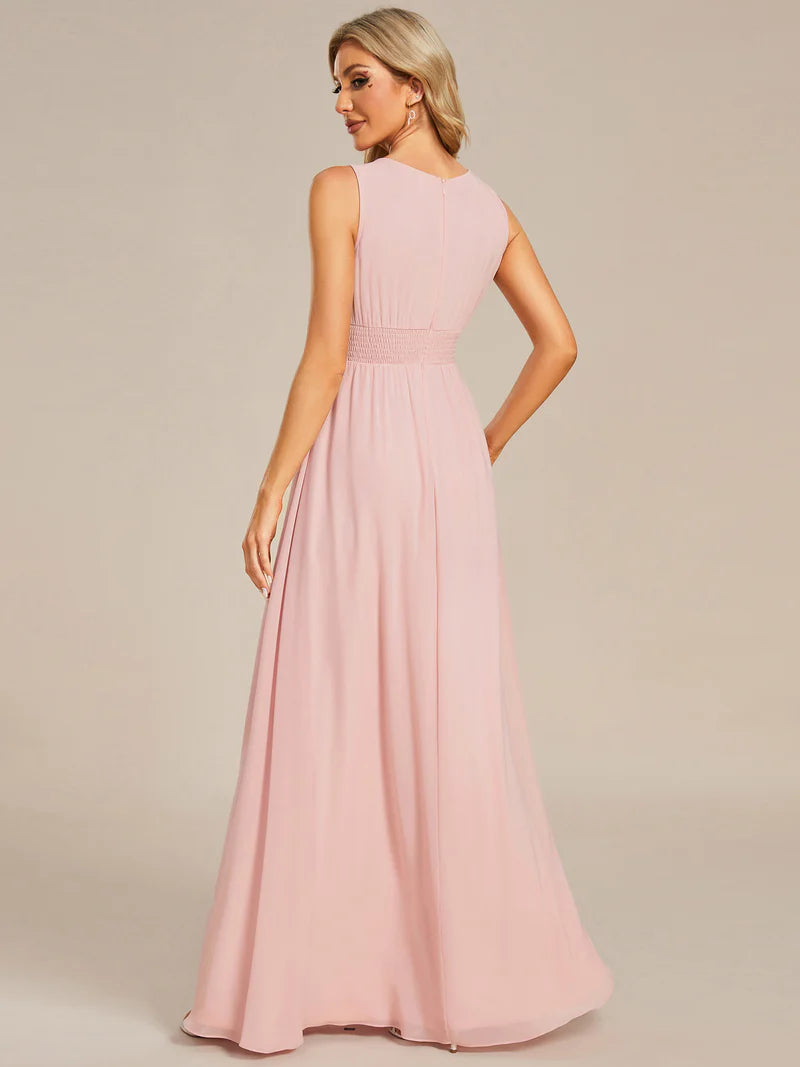 Chiffon Bridesmaid Dress – Maxi Length with Hollow Round Neck Design