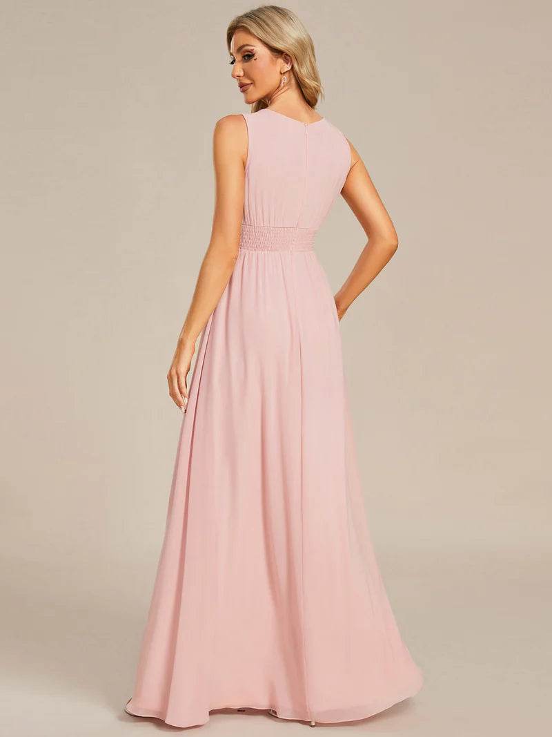 Chiffon Bridesmaid Dress – Maxi Length with Hollow Round Neck Design - Biamonde