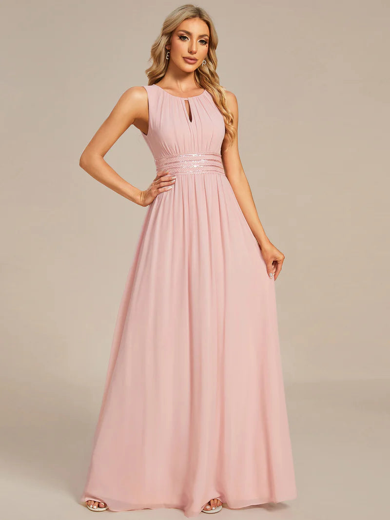 Chiffon Bridesmaid Dress – Maxi Length with Hollow Round Neck Design