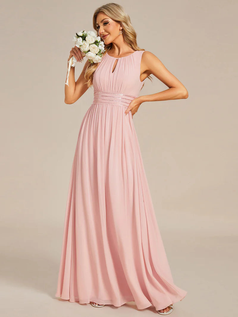 Chiffon Bridesmaid Dress – Maxi Length with Hollow Round Neck Design