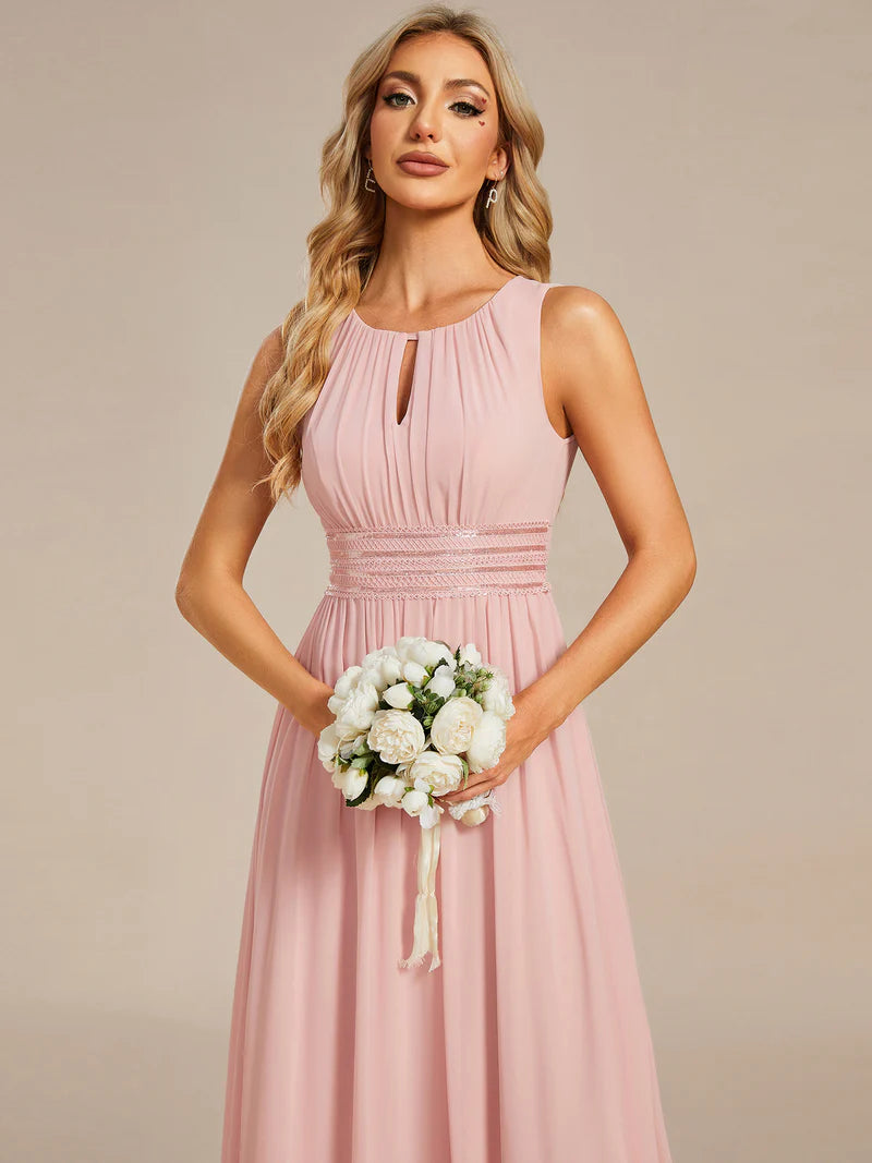 Chiffon Bridesmaid Dress – Maxi Length with Hollow Round Neck Design
