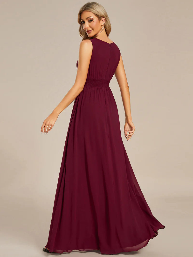 Chiffon Bridesmaid Dress – Maxi Length with Hollow Round Neck Design