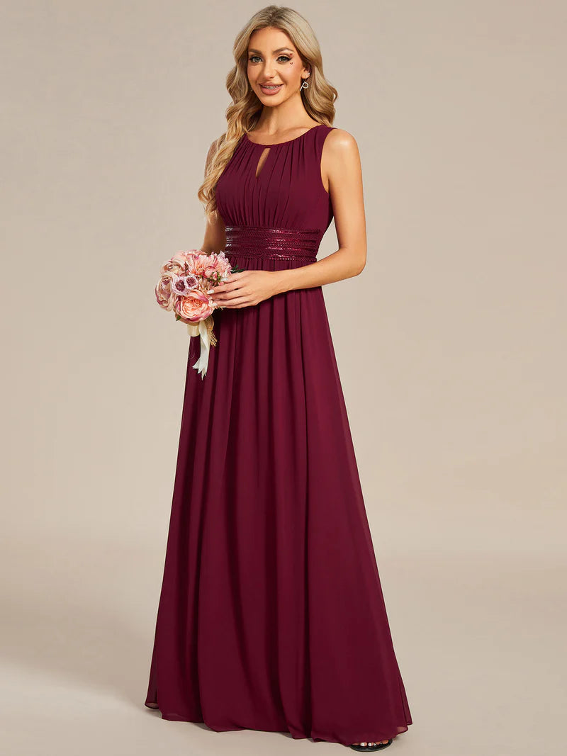 Chiffon Bridesmaid Dress – Maxi Length with Hollow Round Neck Design