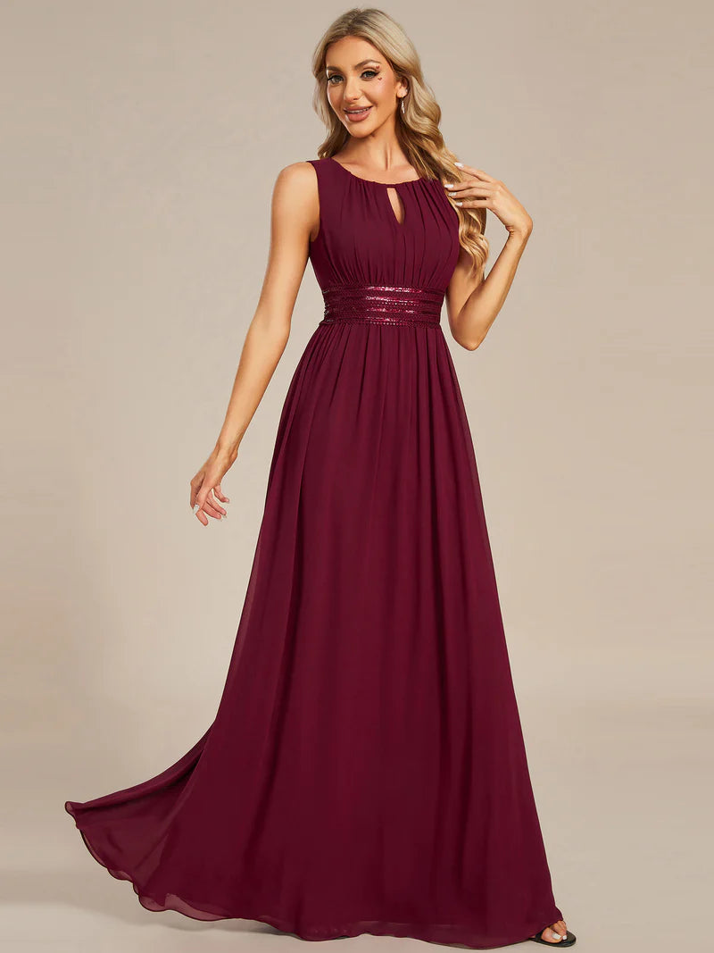 Chiffon Bridesmaid Dress – Maxi Length with Hollow Round Neck Design