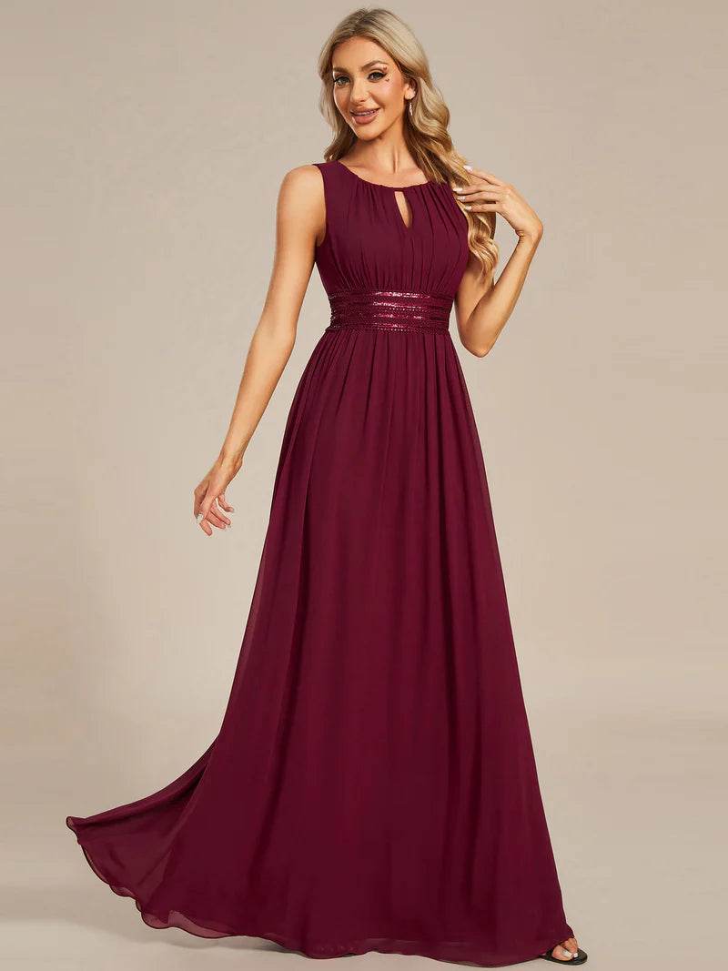 Chiffon Bridesmaid Dress – Maxi Length with Hollow Round Neck Design - Biamonde
