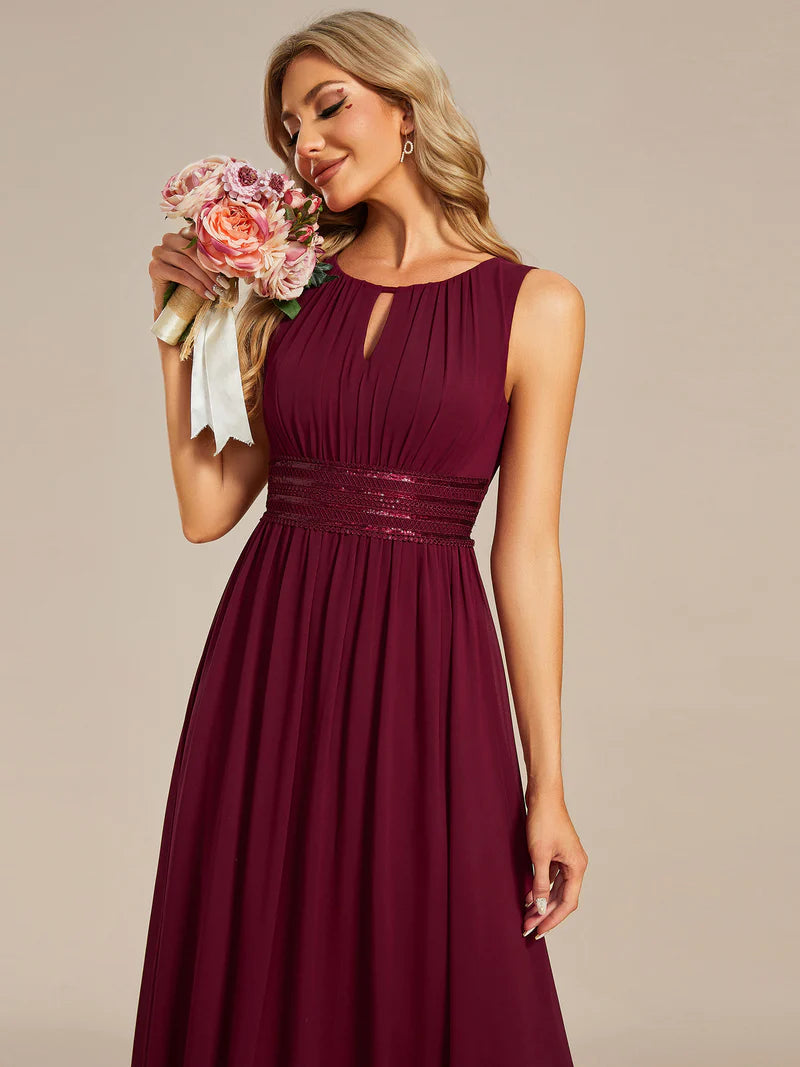 Chiffon Bridesmaid Dress – Maxi Length with Hollow Round Neck Design