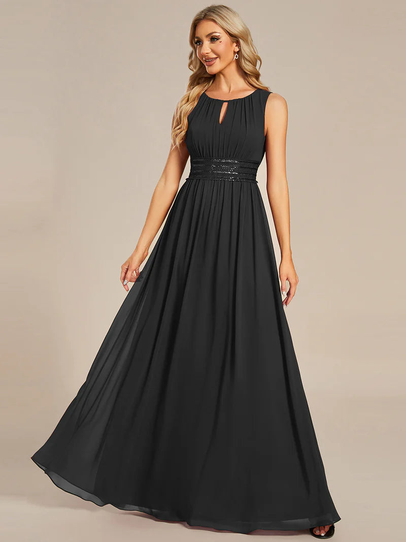 Chiffon Bridesmaid Dress – Maxi Length with Hollow Round Neck Design