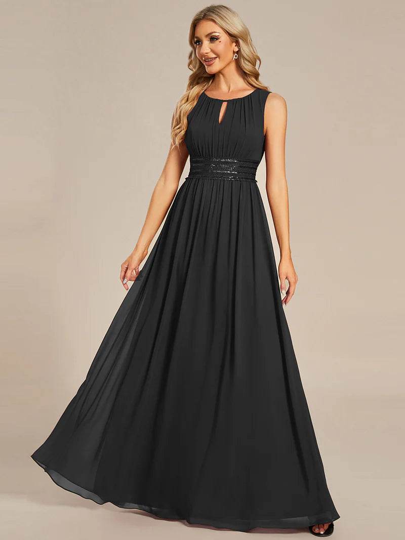 Chiffon Bridesmaid Dress – Maxi Length with Hollow Round Neck Design - Biamonde