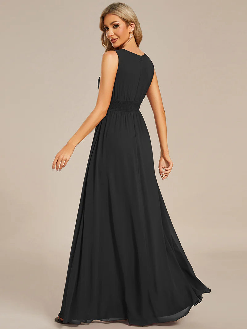 Chiffon Bridesmaid Dress – Maxi Length with Hollow Round Neck Design