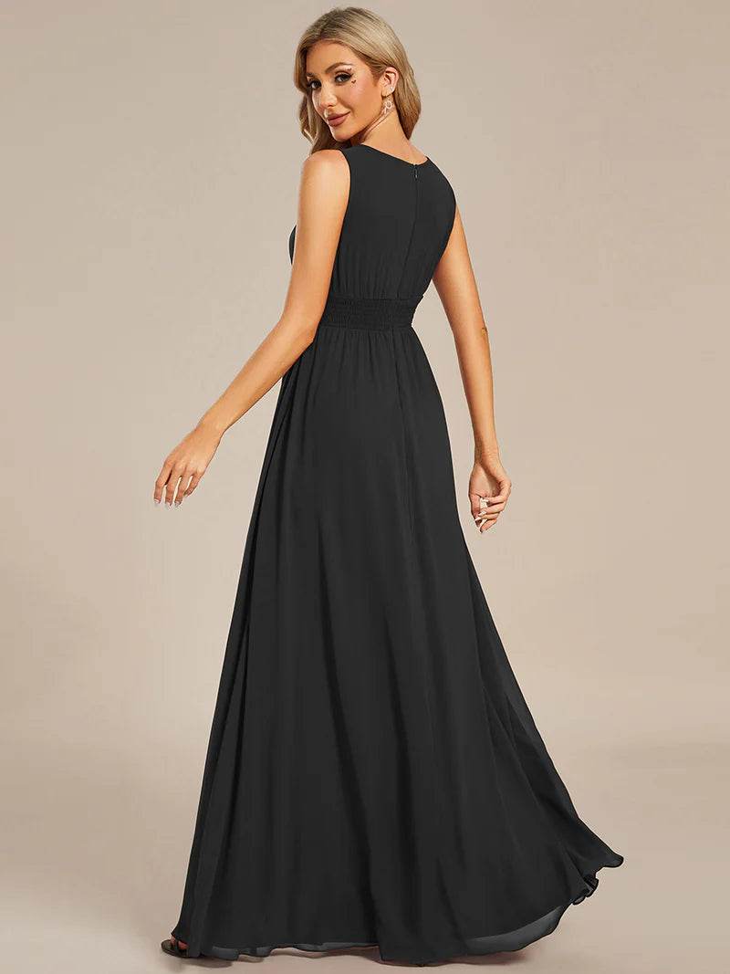 Chiffon Bridesmaid Dress – Maxi Length with Hollow Round Neck Design - Biamonde