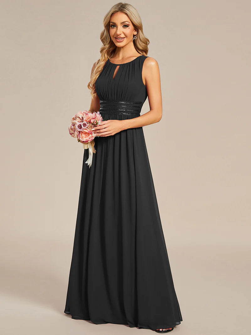 Chiffon Bridesmaid Dress – Maxi Length with Hollow Round Neck Design