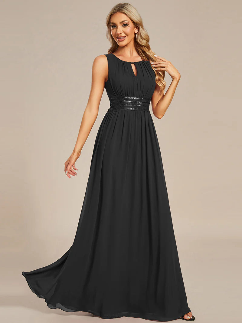 Chiffon Bridesmaid Dress – Maxi Length with Hollow Round Neck Design