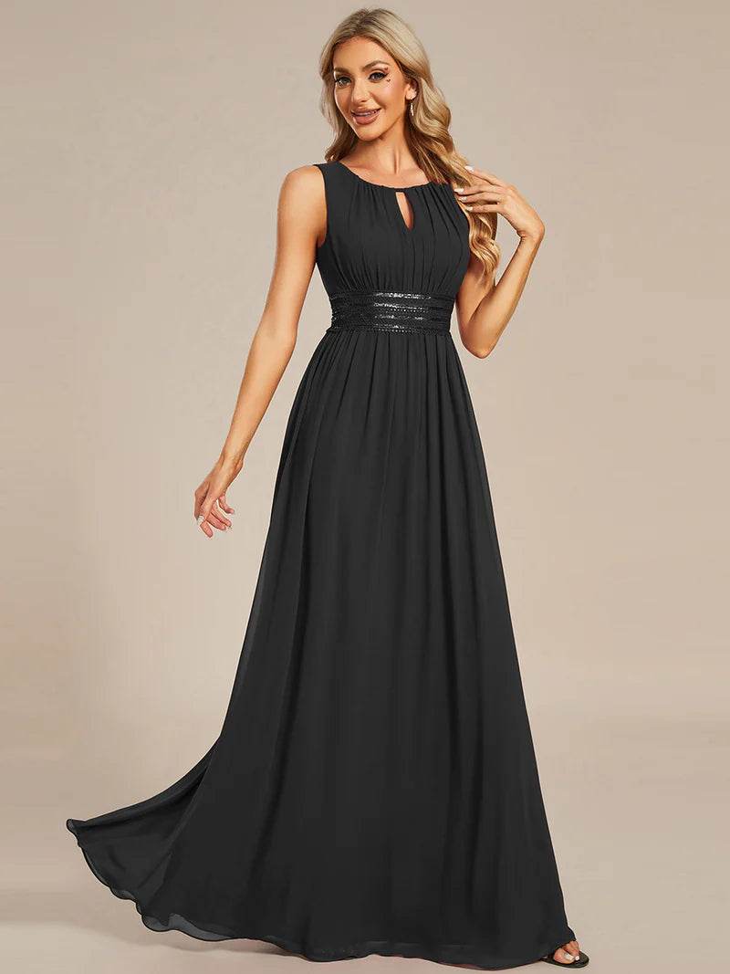 Chiffon Bridesmaid Dress – Maxi Length with Hollow Round Neck Design - Biamonde