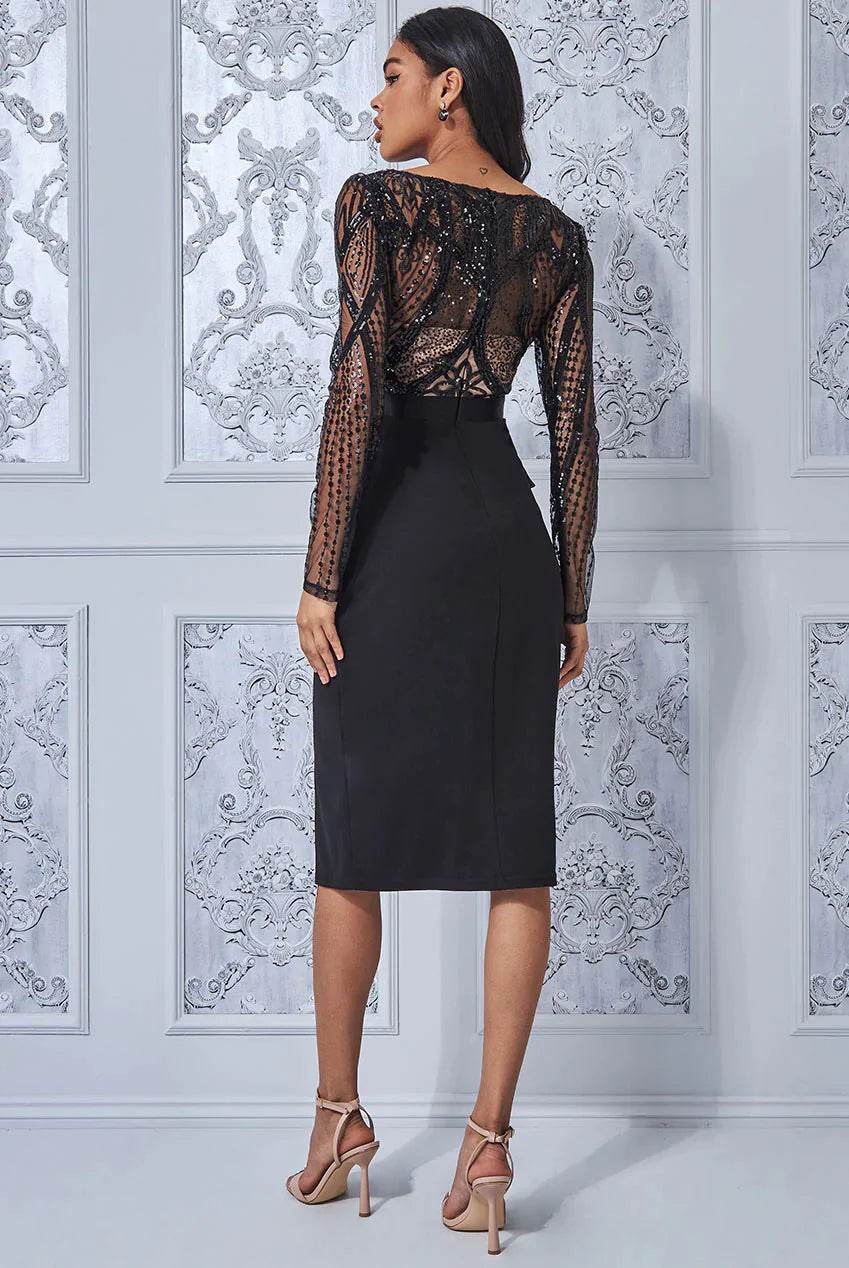 Sequin Bodice With Front Frill Midi Black Dress - Biamonde