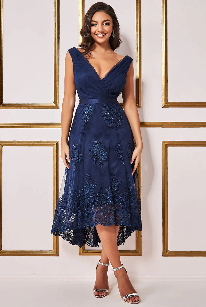 High And Low Dress With Pleated Bodice Maxi Navy Dress