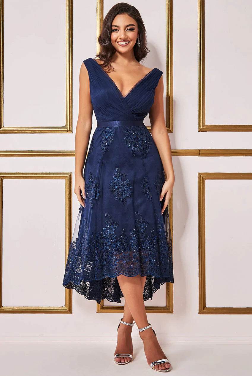 High And Low Dress With Pleated Bodice Maxi Navy Dress - Biamonde