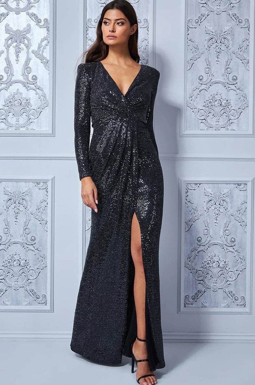 Wrap Style Front Split Metallic Maxi Dress - Black DR3399 - Biamonde