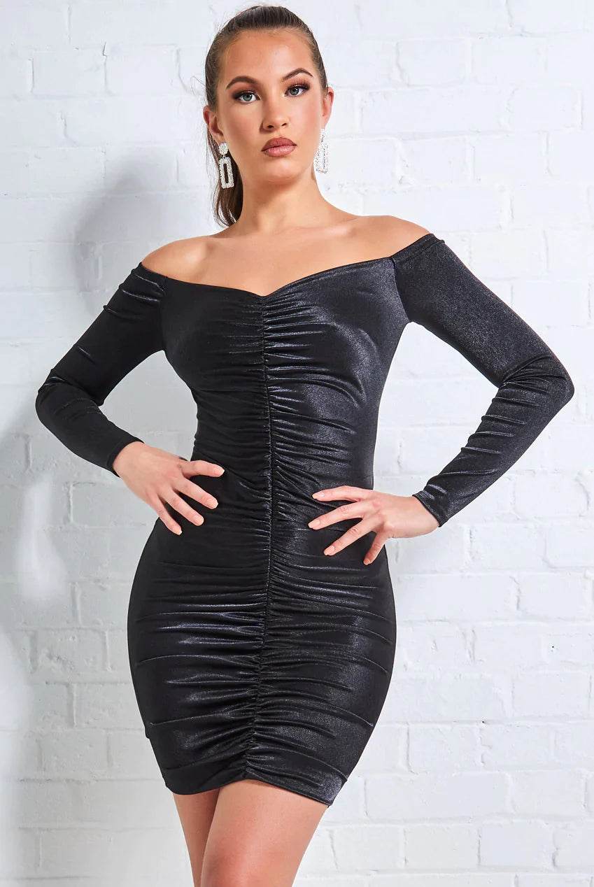 Off The Shoulder Ruched Mini Dress - Biamonde
