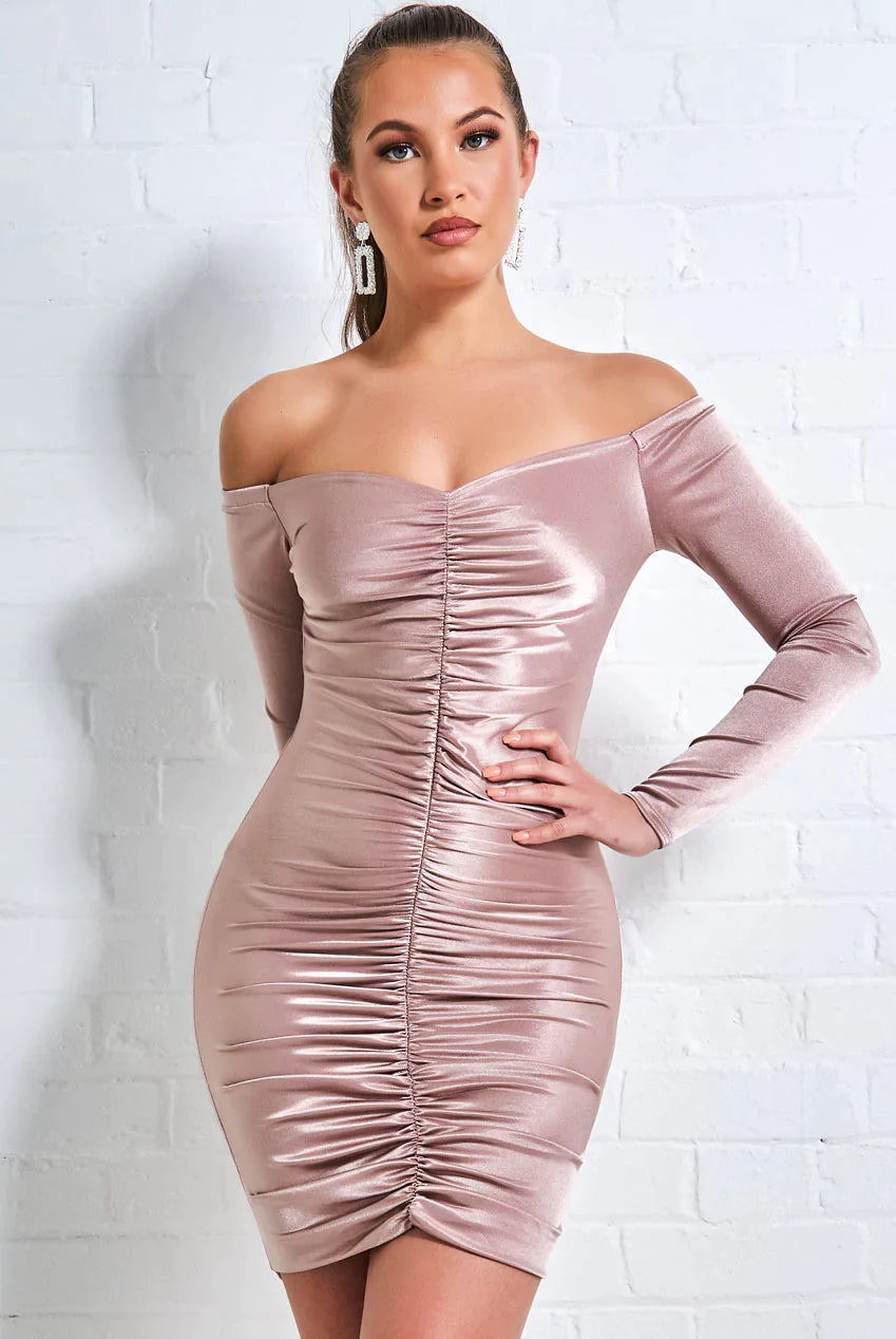 Off The Shoulder Ruched Mini Dress