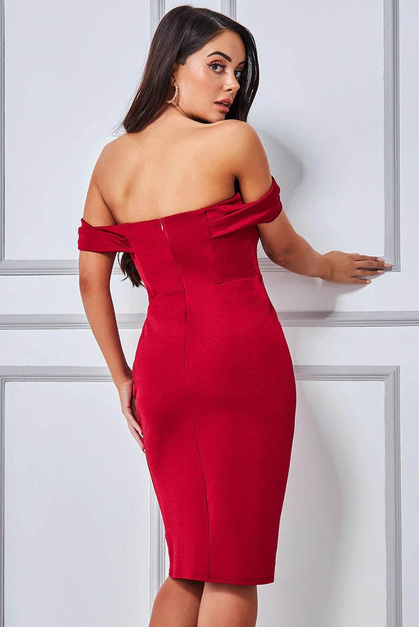 Cowl Neck Off The Shoulder Midi Wine Dress - Biamonde