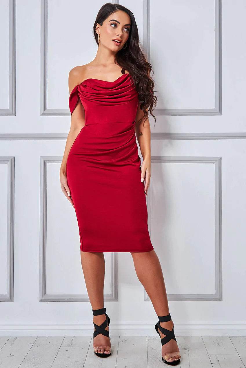 Cowl Neck Off The Shoulder Midi Wine Dress - Biamonde