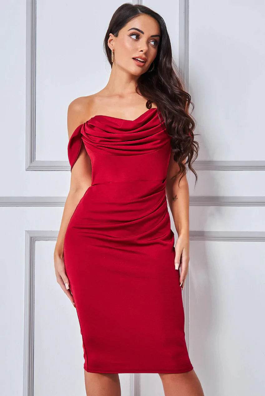 Cowl Neck Off The Shoulder Midi Wine Dress - Biamonde