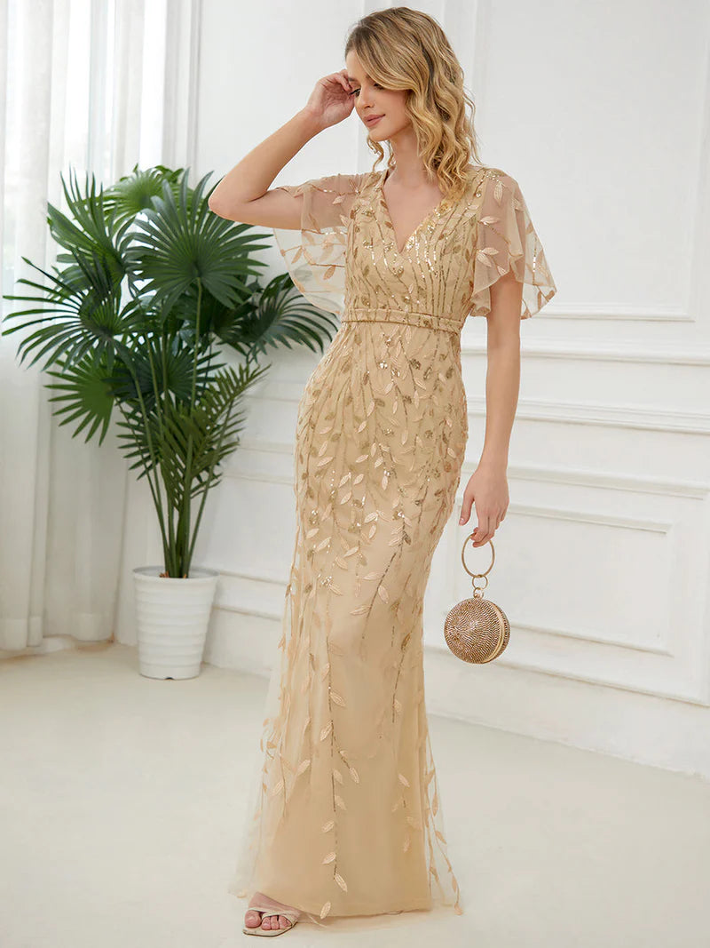Gorgeous V-Neck Fishtail Party Dress with Leaf Sequin Embellishment