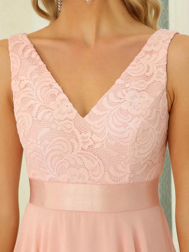 Deep V Neck Asymmetrical Hem Sleeveless Pink Dresses - Biamonde