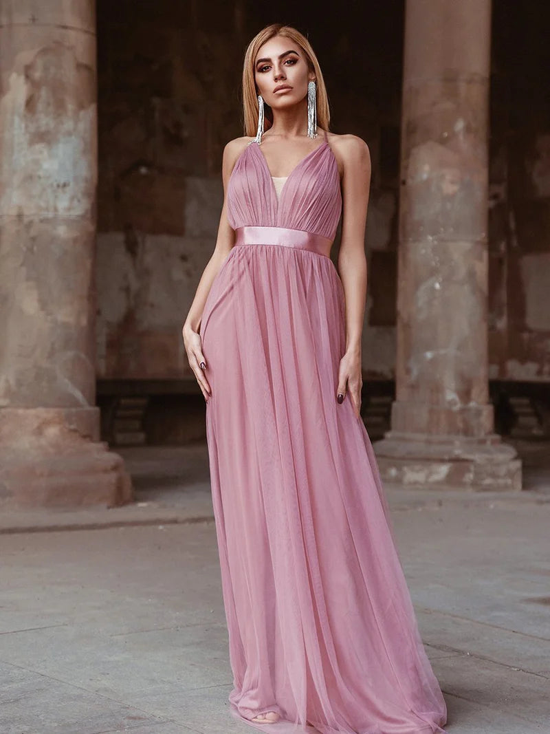 Sexy Deep V-neck Backless Tulle Maxi Evening Orchid Dress
