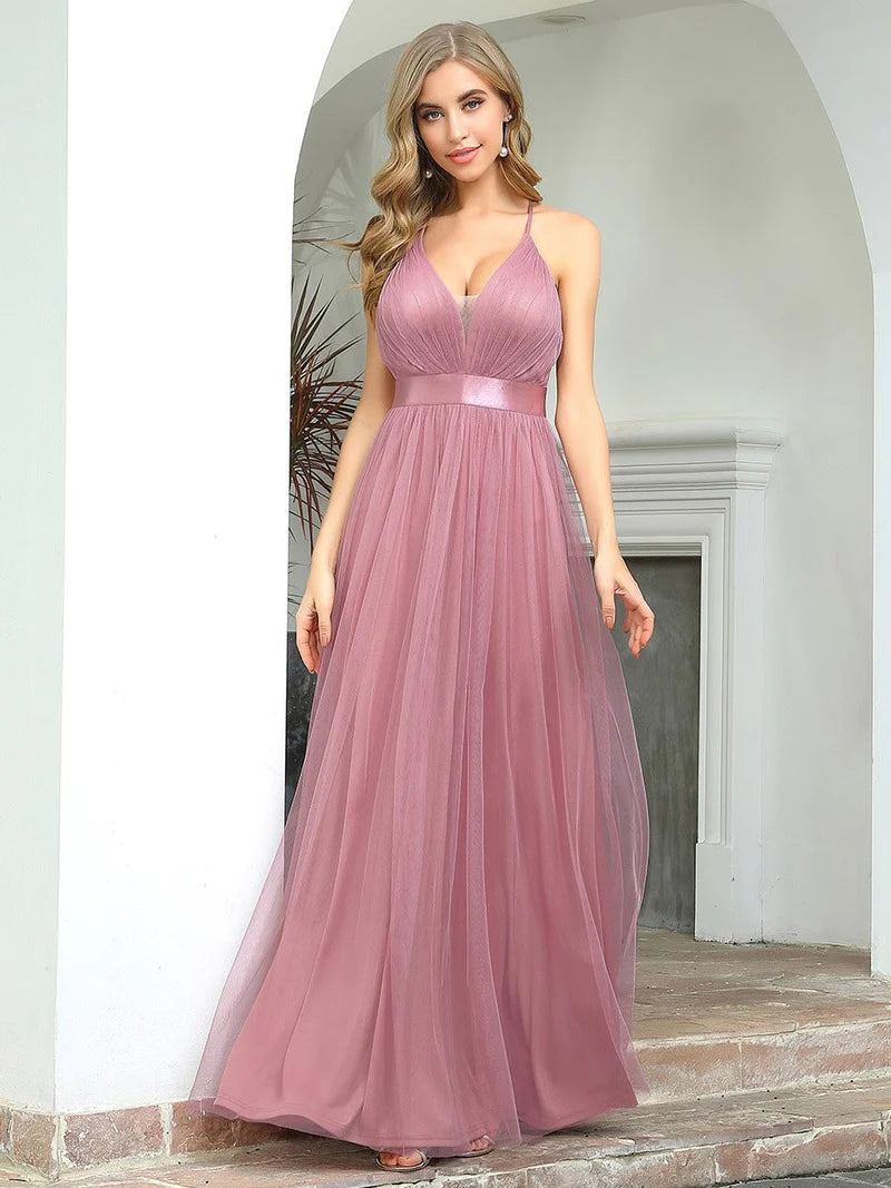 Sexy Deep V-neck Backless Tulle Maxi Evening Orchid Dress