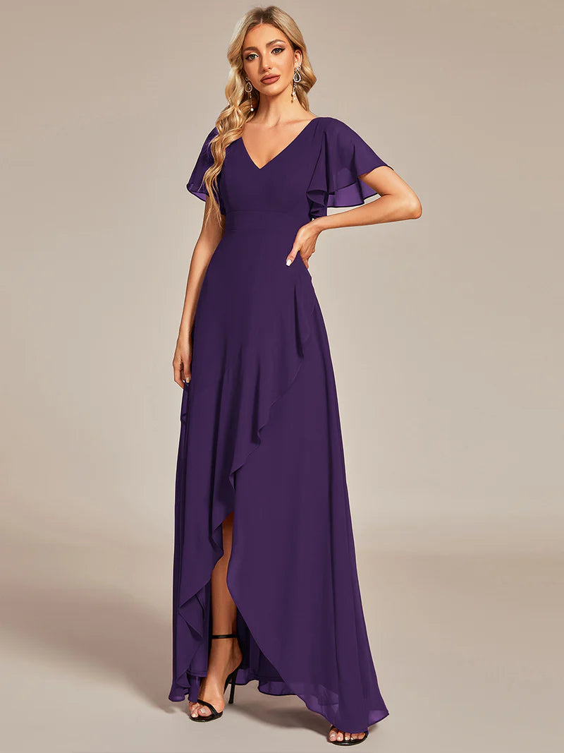 V-Neck High-Low Bridesmaid Dress – Ruffled Chiffon Gown