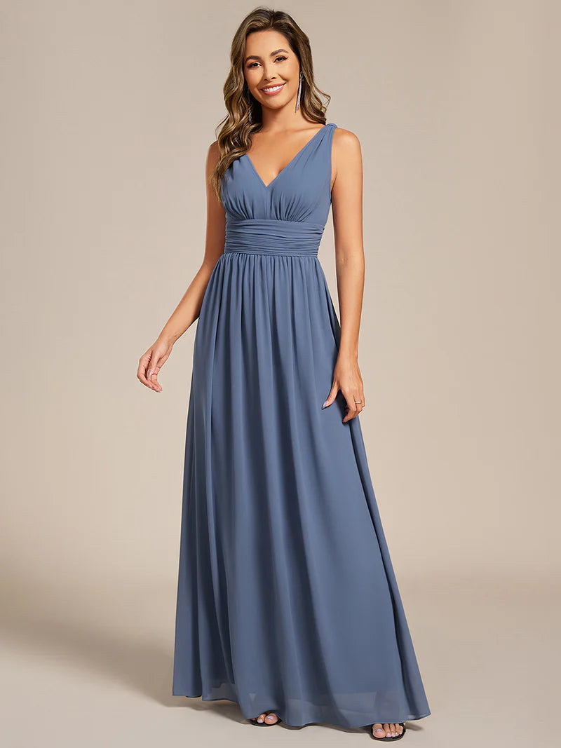 Elegant Double V-Neck Bridesmaid Dress – Floor-Length Maxi Gown