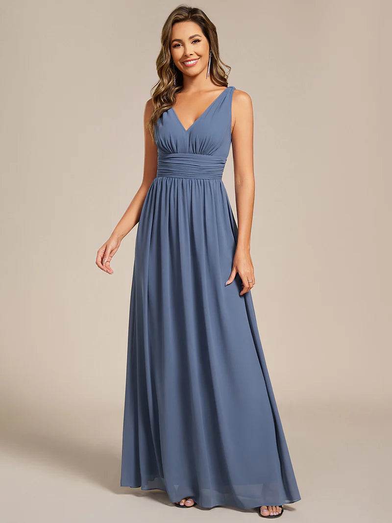 Elegant Double V-Neck Bridesmaid Dress – Floor-Length Maxi Gown - Biamonde