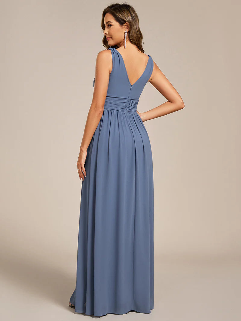 Elegant Double V-Neck Bridesmaid Dress – Floor-Length Maxi Gown
