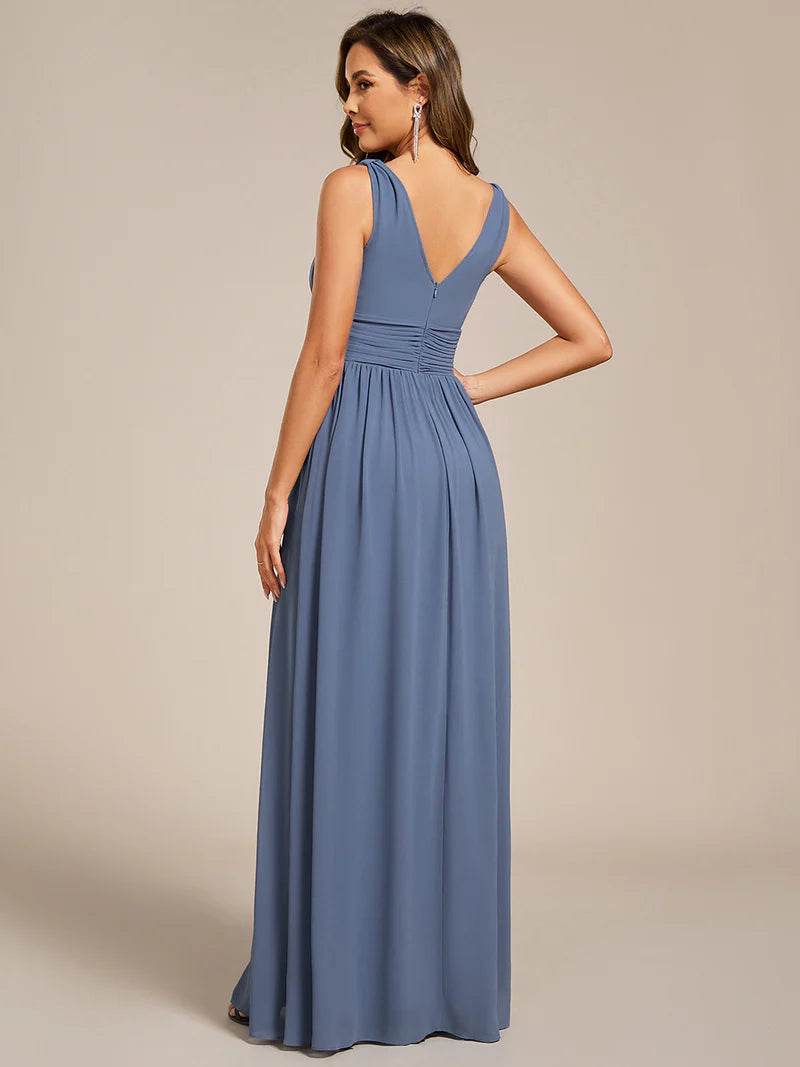 Elegant Double V-Neck Bridesmaid Dress – Floor-Length Maxi Gown - Biamonde