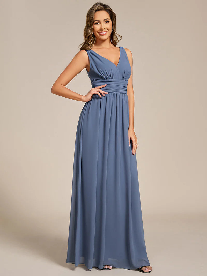 Elegant Double V-Neck Bridesmaid Dress – Floor-Length Maxi Gown