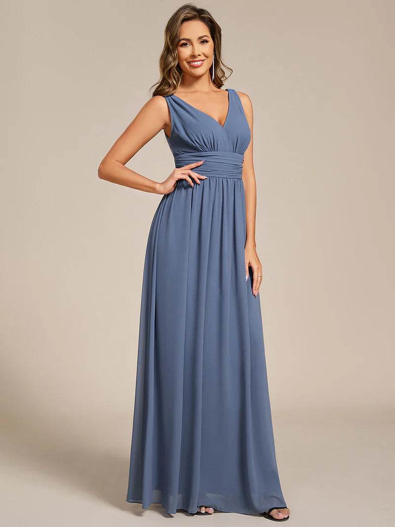 Elegant Double V-Neck Bridesmaid Dress – Floor-Length Maxi Gown - Biamonde