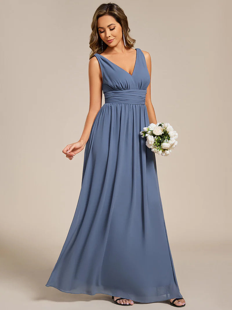 Elegant Double V-Neck Bridesmaid Dress – Floor-Length Maxi Gown