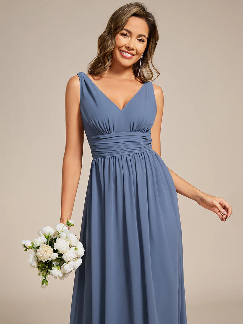 Elegant Double V-Neck Bridesmaid Dress – Floor-Length Maxi Gown