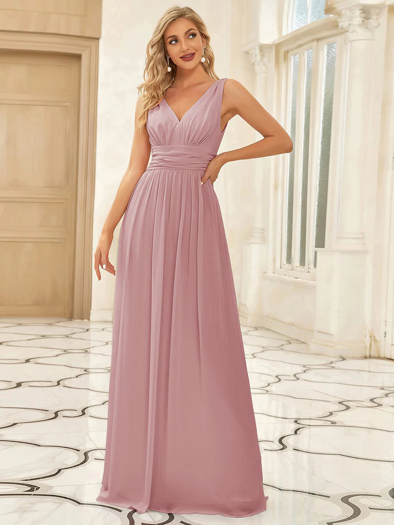 Elegant Double V-Neck Bridesmaid Dress – Floor-Length Maxi Gown