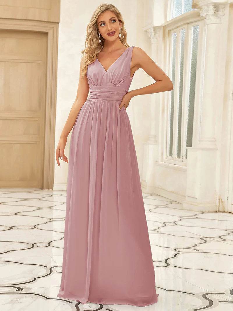 Elegant Double V-Neck Bridesmaid Dress – Floor-Length Maxi Gown - Biamonde