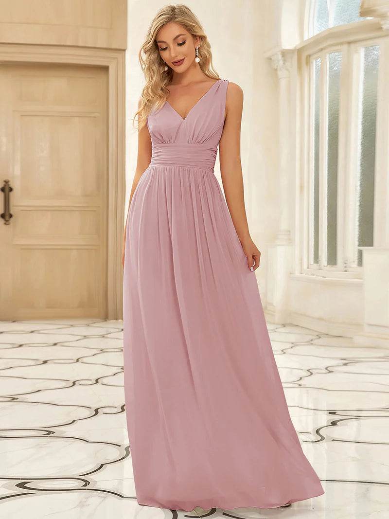 Elegant Double V-Neck Bridesmaid Dress – Floor-Length Maxi Gown - Biamonde