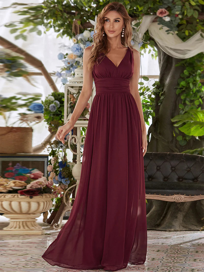 Elegant Double V-Neck Bridesmaid Dress – Floor-Length Maxi Gown