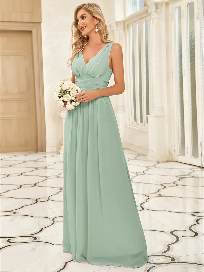 Elegant Double V-Neck Bridesmaid Dress – Floor-Length Maxi Gown