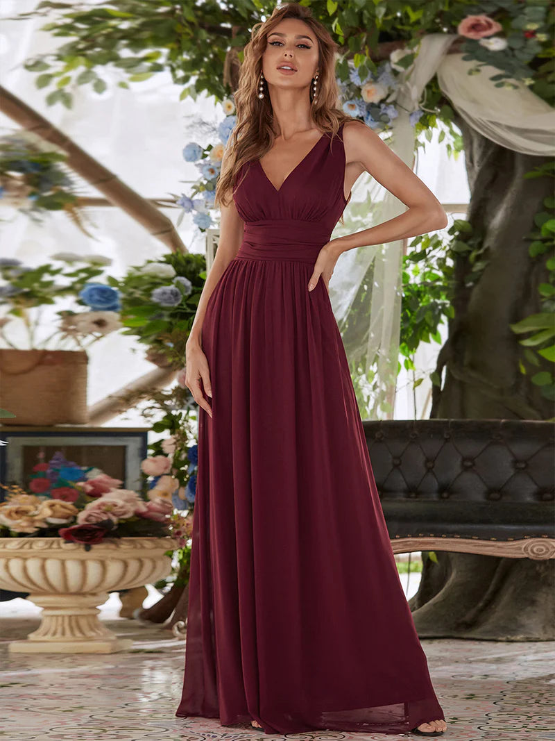 Elegant Double V-Neck Bridesmaid Dress – Floor-Length Maxi Gown